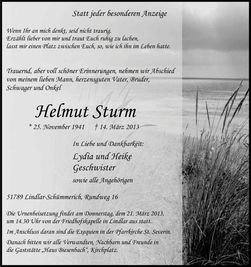  Traueranzeige für Helmut Sturm vom 16.03.2013 aus Kölner Stadt-Anzeiger / Kölnische Rundschau / Express