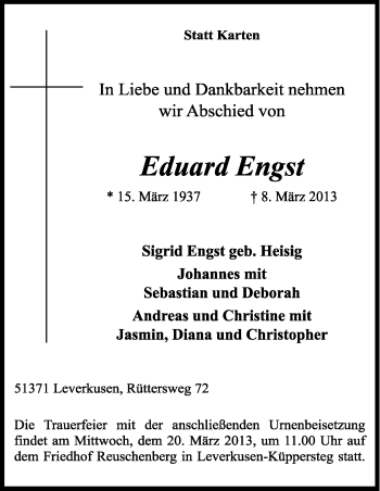 Anzeige von Eduard Engst von Kölner Stadt-Anzeiger / Kölnische Rundschau / Express