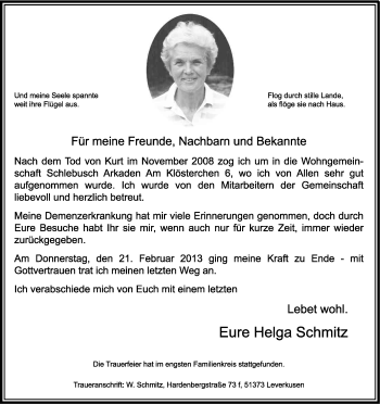 Anzeige von Helga Schmitz von Kölner Stadt-Anzeiger / Kölnische Rundschau / Express