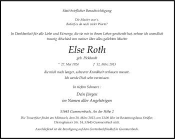Anzeige von Else Roth von Kölner Stadt-Anzeiger / Kölnische Rundschau / Express
