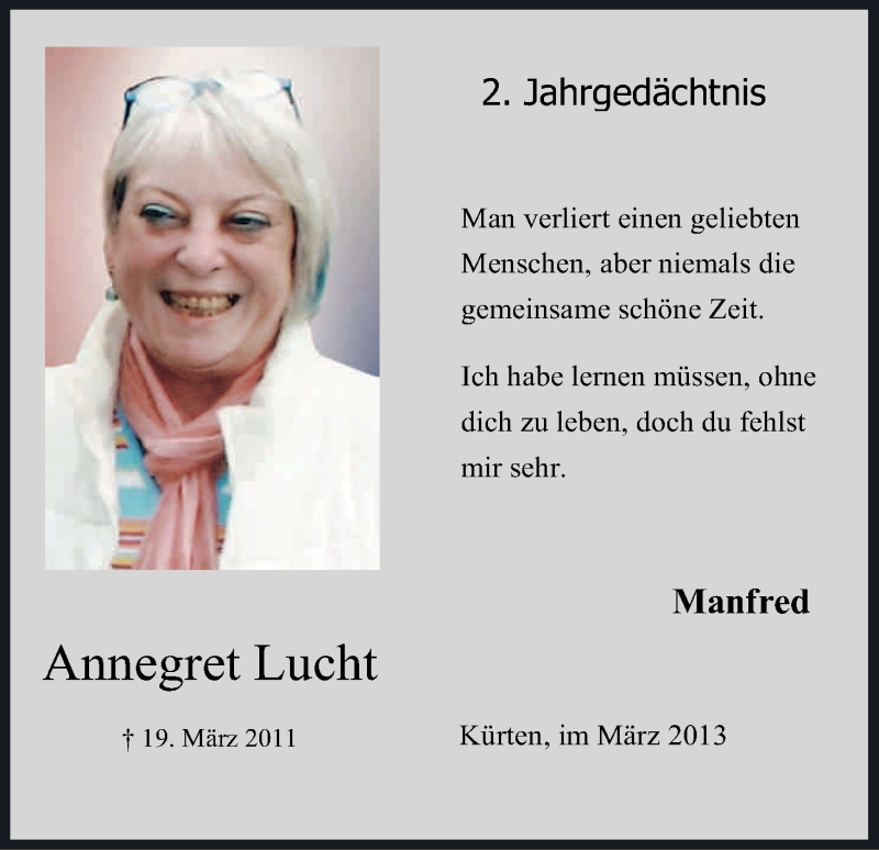  Traueranzeige für Annegret Lucht vom 19.03.2013 aus Kölner Stadt-Anzeiger / Kölnische Rundschau / Express