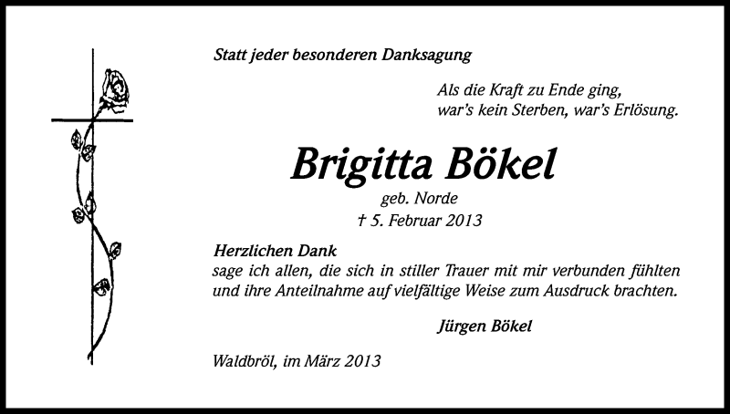  Traueranzeige für Brigitta Bökel vom 16.03.2013 aus Kölner Stadt-Anzeiger / Kölnische Rundschau / Express