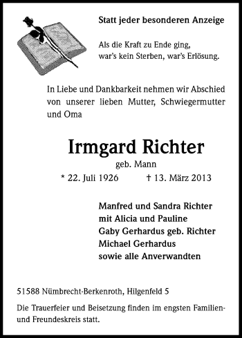 Anzeige von Irmgard Richter von Kölner Stadt-Anzeiger / Kölnische Rundschau / Express
