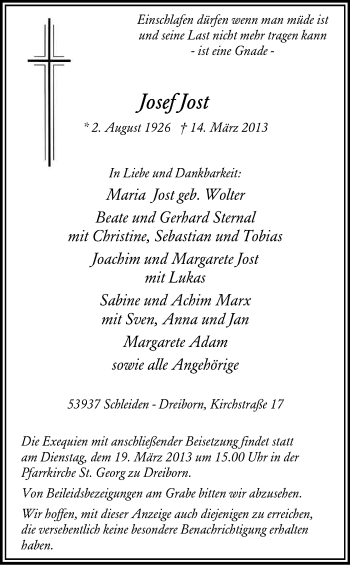 Anzeige von Josef Jost von Kölner Stadt-Anzeiger / Kölnische Rundschau / Express