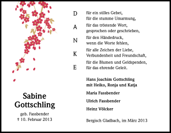 Anzeige von Sabine Gottschling von Kölner Stadt-Anzeiger / Kölnische Rundschau / Express