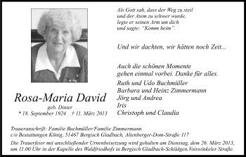 Anzeige von Rosa-Maria David von Kölner Stadt-Anzeiger / Kölnische Rundschau / Express