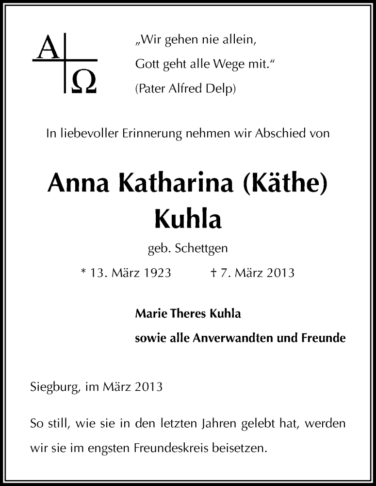  Traueranzeige für Anna Katharina Kuhla vom 16.03.2013 aus Kölner Stadt-Anzeiger / Kölnische Rundschau / Express