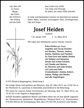 Anzeige von Josef Heiden von Kölner Stadt-Anzeiger / Kölnische Rundschau / Express
