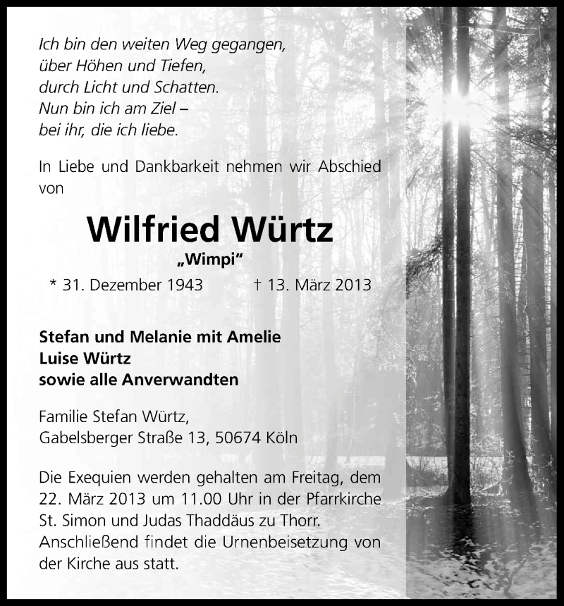  Traueranzeige für Wilfried Würtz vom 16.03.2013 aus Kölner Stadt-Anzeiger / Kölnische Rundschau / Express