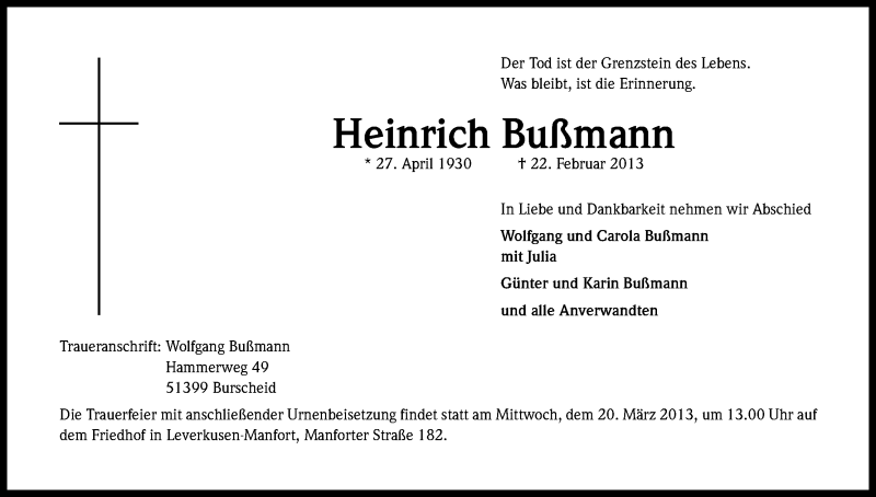  Traueranzeige für Heinrich Bußmann vom 16.03.2013 aus Kölner Stadt-Anzeiger / Kölnische Rundschau / Express