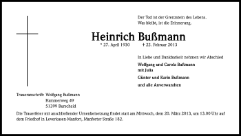 Anzeige von Heinrich Bußmann von Kölner Stadt-Anzeiger / Kölnische Rundschau / Express