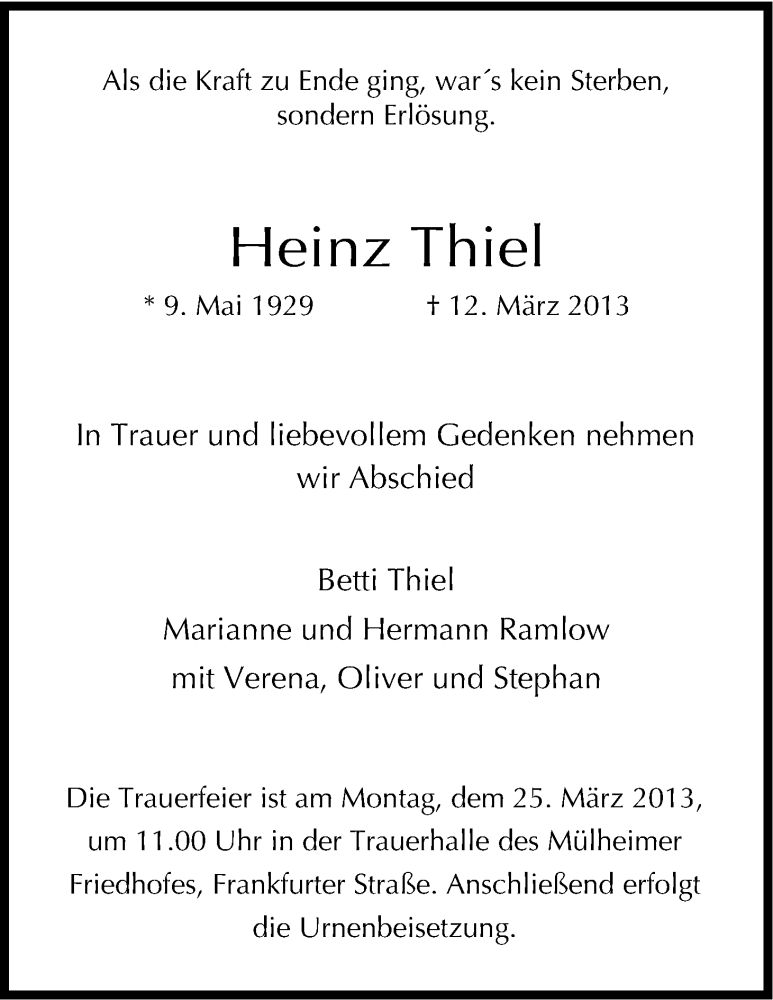  Traueranzeige für Heinz Thiel vom 20.03.2013 aus Kölner Stadt-Anzeiger / Kölnische Rundschau / Express