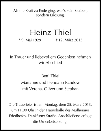 Anzeige von Heinz Thiel von Kölner Stadt-Anzeiger / Kölnische Rundschau / Express