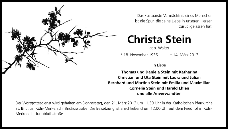  Traueranzeige für Christa Stein vom 16.03.2013 aus Kölner Stadt-Anzeiger / Kölnische Rundschau / Express
