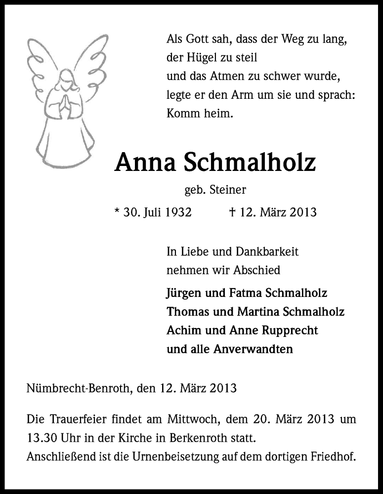  Traueranzeige für Anna Schmalholz vom 16.03.2013 aus Kölner Stadt-Anzeiger / Kölnische Rundschau / Express