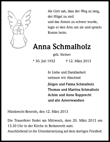 Anzeige von Anna Schmalholz von Kölner Stadt-Anzeiger / Kölnische Rundschau / Express