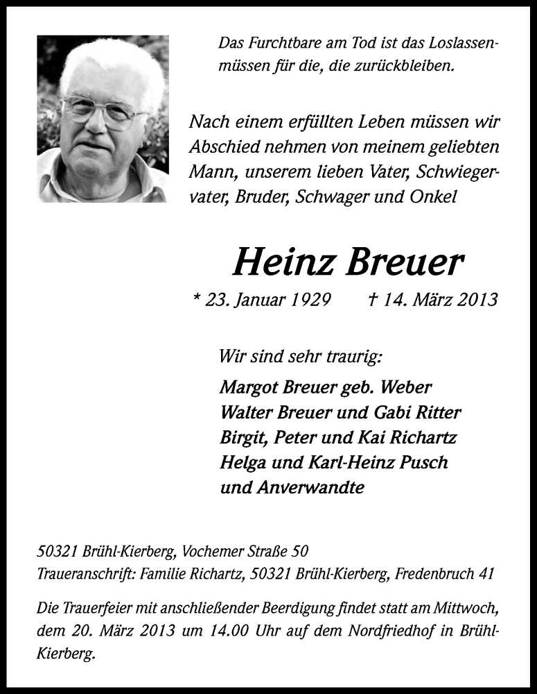 Traueranzeige für Heinz Breuer vom 16.03.2013 aus Kölner Stadt-Anzeiger / Kölnische Rundschau / Express