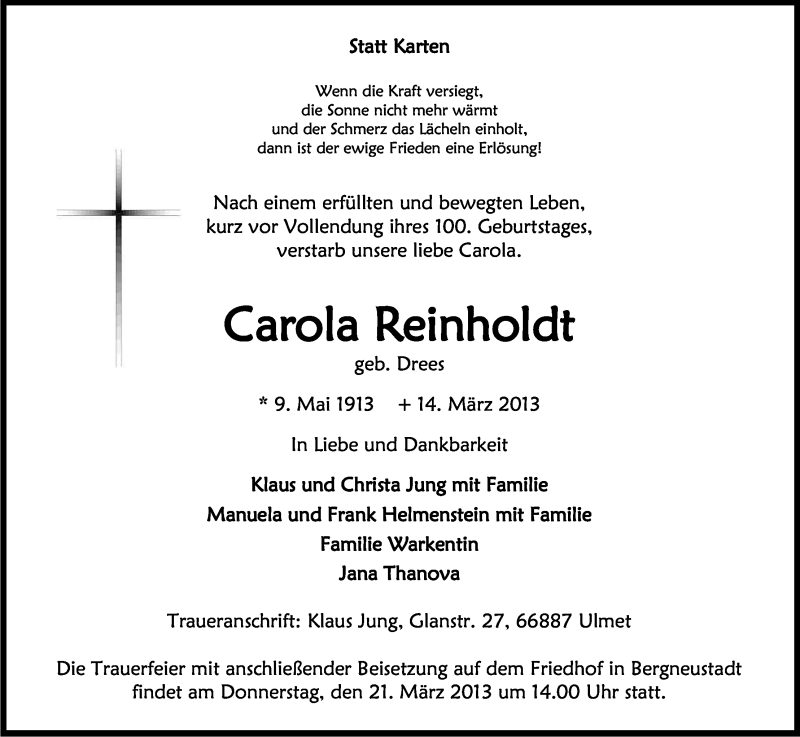  Traueranzeige für Carola Reinholdt vom 16.03.2013 aus Kölner Stadt-Anzeiger / Kölnische Rundschau / Express