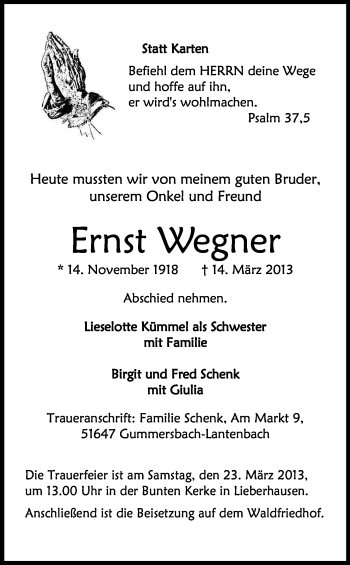 Anzeige von Ernst Wegner von Kölner Stadt-Anzeiger / Kölnische Rundschau / Express