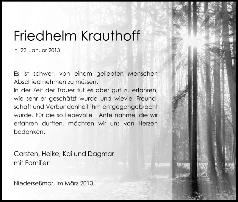  Traueranzeige für Friedhelm Krauthoff vom 16.03.2013 aus Kölner Stadt-Anzeiger / Kölnische Rundschau / Express