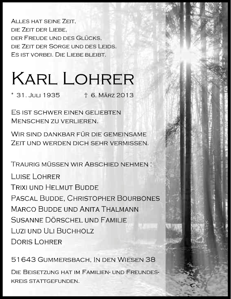  Traueranzeige für Karl Lohrer vom 16.03.2013 aus Kölner Stadt-Anzeiger / Kölnische Rundschau / Express