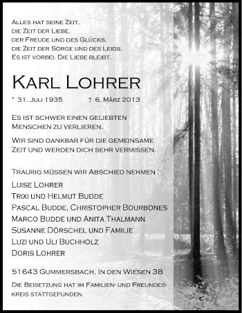 Anzeige von Karl Lohrer von Kölner Stadt-Anzeiger / Kölnische Rundschau / Express