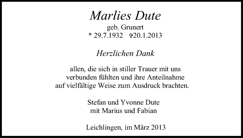  Traueranzeige für Marlies Dute vom 16.03.2013 aus Kölner Stadt-Anzeiger / Kölnische Rundschau / Express