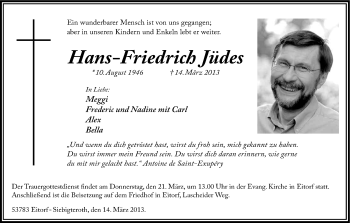 Anzeige von Hans-Friedrich Jüdes von Kölner Stadt-Anzeiger / Kölnische Rundschau / Express