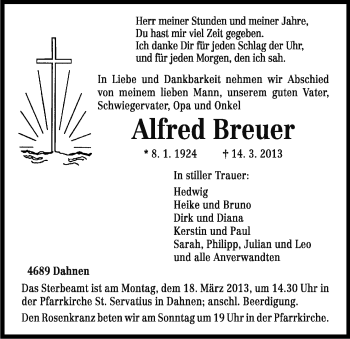 Anzeige von Breuer Alfred von Kölner Stadt-Anzeiger / Kölnische Rundschau / Express