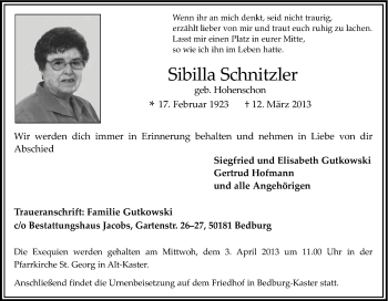 Anzeige von Sibilla Schnitzler von Kölner Stadt-Anzeiger / Kölnische Rundschau / Express