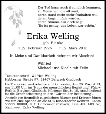 Anzeige von Erika Welling von Kölner Stadt-Anzeiger / Kölnische Rundschau / Express