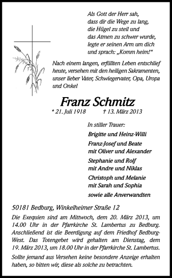 Anzeige von Franz Schmitz von Kölner Stadt-Anzeiger / Kölnische Rundschau / Express
