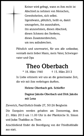 Anzeige von Theo Oberbach von Kölner Stadt-Anzeiger / Kölnische Rundschau / Express