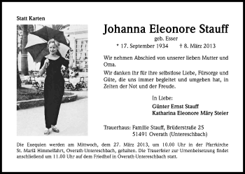 Anzeige von Johanna Eleonore Stauff von Kölner Stadt-Anzeiger / Kölnische Rundschau / Express