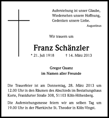 Anzeige von Franz Schänzler von Kölner Stadt-Anzeiger / Kölnische Rundschau / Express