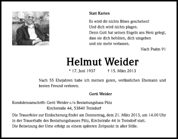 Anzeige von Helmut Weider von Kölner Stadt-Anzeiger / Kölnische Rundschau / Express