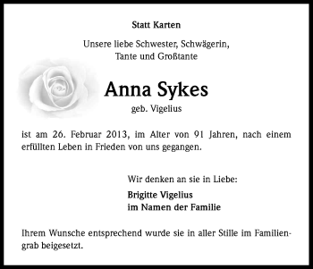 Anzeige von Anna Sykes von Kölner Stadt-Anzeiger / Kölnische Rundschau / Express
