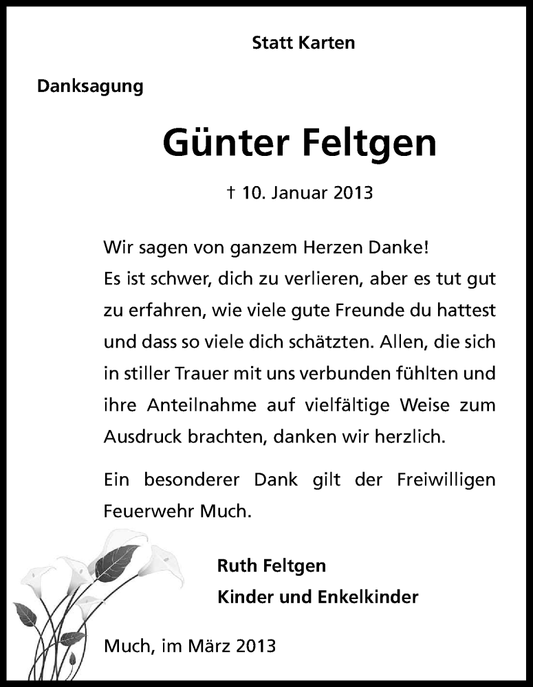 Traueranzeige für Günter Feltgen vom 19.03.2013 aus Kölner Stadt-Anzeiger / Kölnische Rundschau / Express
