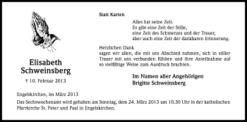 Anzeige von Elisabeth Schweinsberg von Kölner Stadt-Anzeiger / Kölnische Rundschau / Express