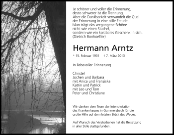 Anzeige von Hermann Arntz von Kölner Stadt-Anzeiger / Kölnische Rundschau / Express