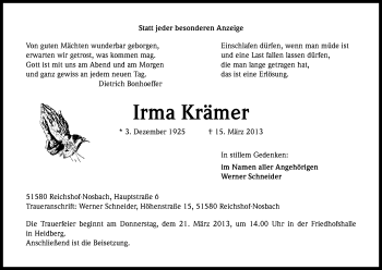 Anzeige von Irma Krämer von Kölner Stadt-Anzeiger / Kölnische Rundschau / Express