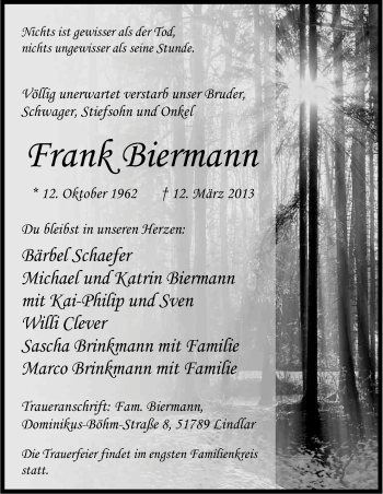 Anzeige von Frank Biermann von Kölner Stadt-Anzeiger / Kölnische Rundschau / Express