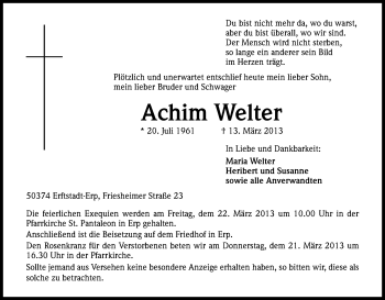 Anzeige von Achim Welter von Kölner Stadt-Anzeiger / Kölnische Rundschau / Express
