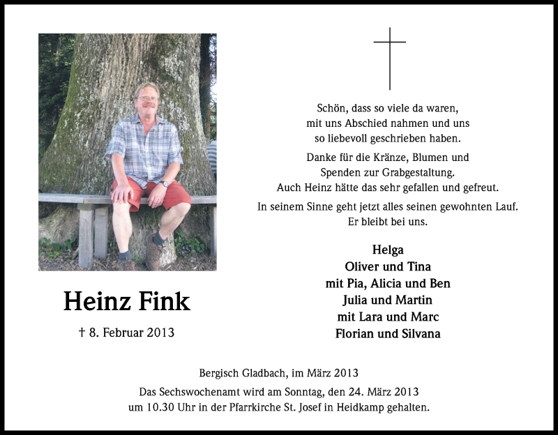  Traueranzeige für Heinz Fink vom 19.03.2013 aus Kölner Stadt-Anzeiger / Kölnische Rundschau / Express