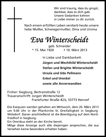 Anzeige von Eva Winterscheidt von Kölner Stadt-Anzeiger / Kölnische Rundschau / Express