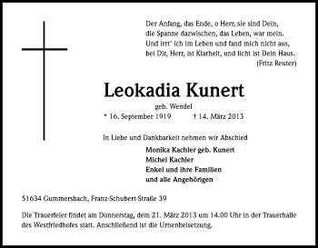 Anzeige von Leokadia Kunert von Kölner Stadt-Anzeiger / Kölnische Rundschau / Express