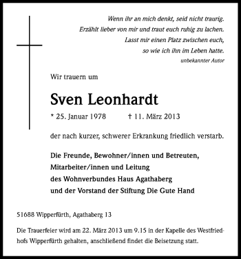 Anzeige von Sven Leonhard von Kölner Stadt-Anzeiger / Kölnische Rundschau / Express