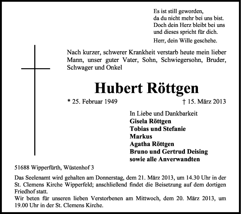  Traueranzeige für Hubert Röttgen vom 18.03.2013 aus Kölner Stadt-Anzeiger / Kölnische Rundschau / Express