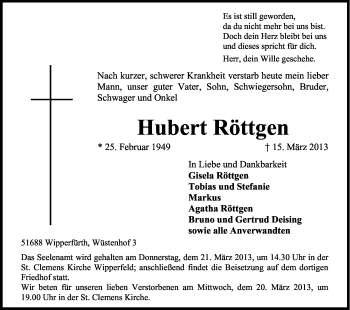 Anzeige von Hubert Röttgen von Kölner Stadt-Anzeiger / Kölnische Rundschau / Express