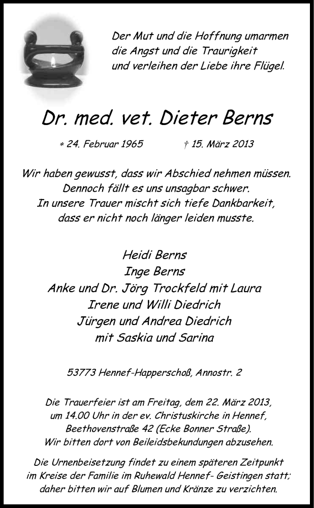 Traueranzeige für Dieter Berns vom 18.03.2013 aus Kölner Stadt-Anzeiger / Kölnische Rundschau / Express